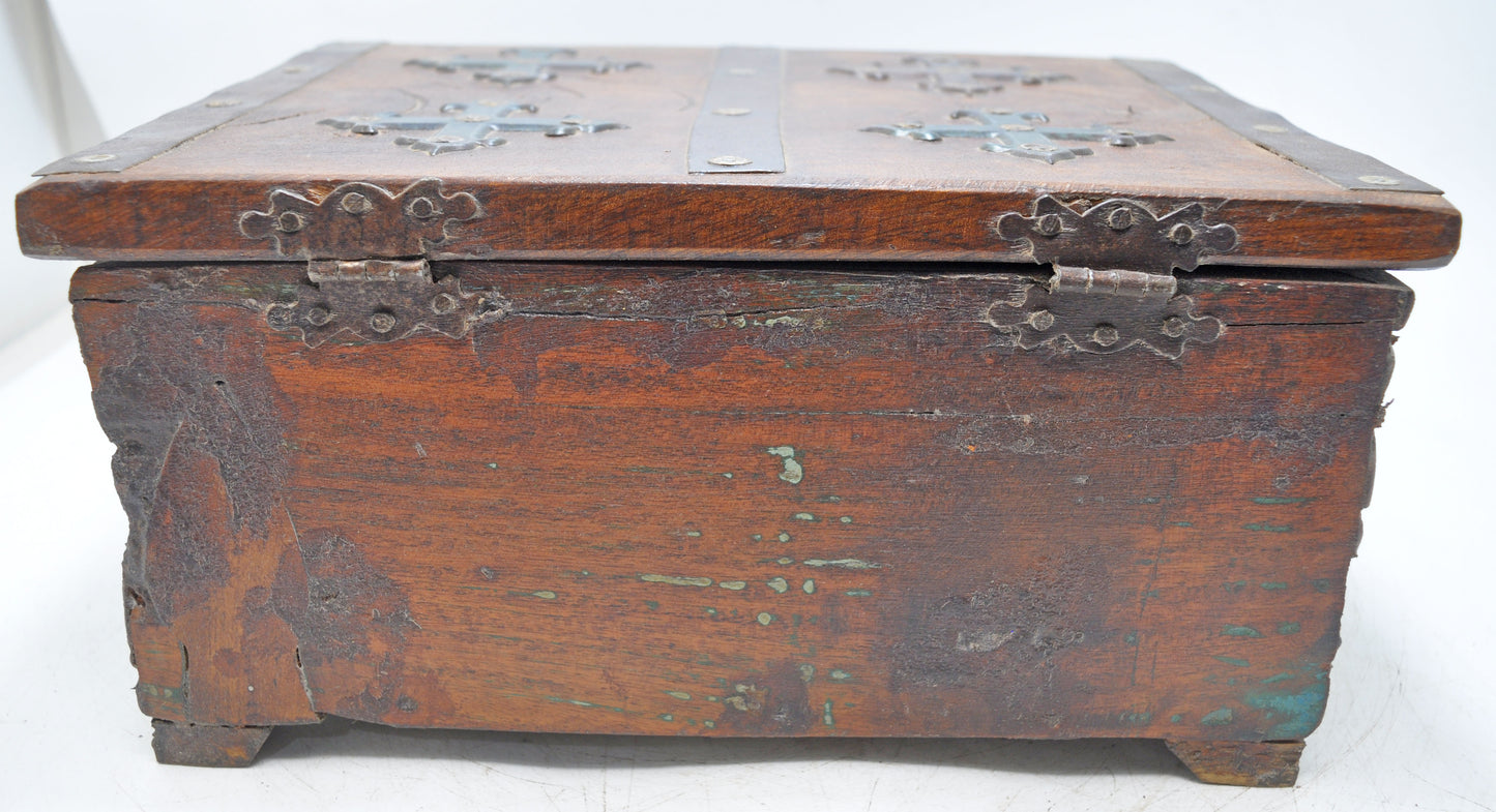 Antique Wooden Storage Chest Box Original Old Fine Hand Carved Metal Fitted