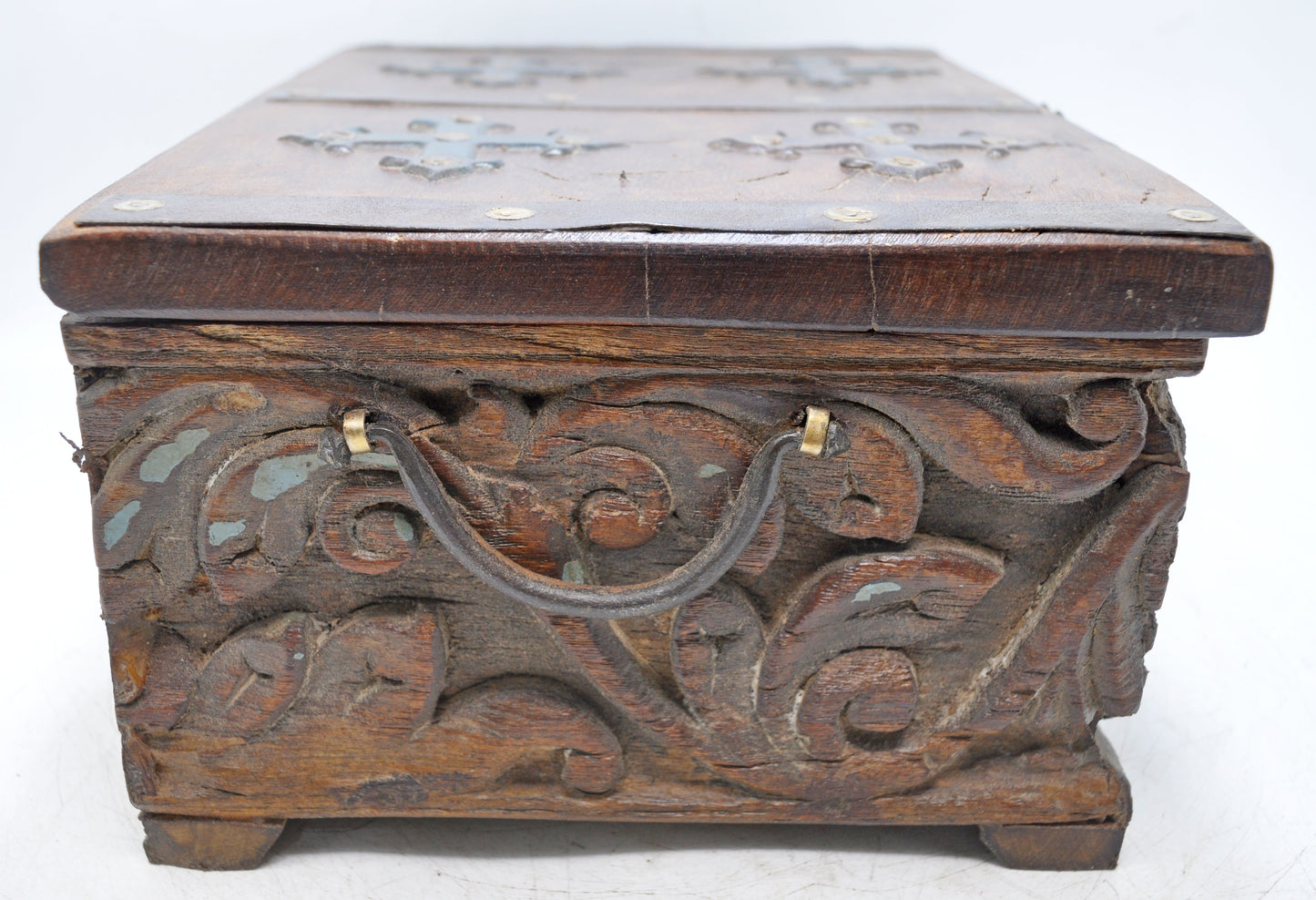 Antique Wooden Storage Chest Box Original Old Fine Hand Carved Metal Fitted