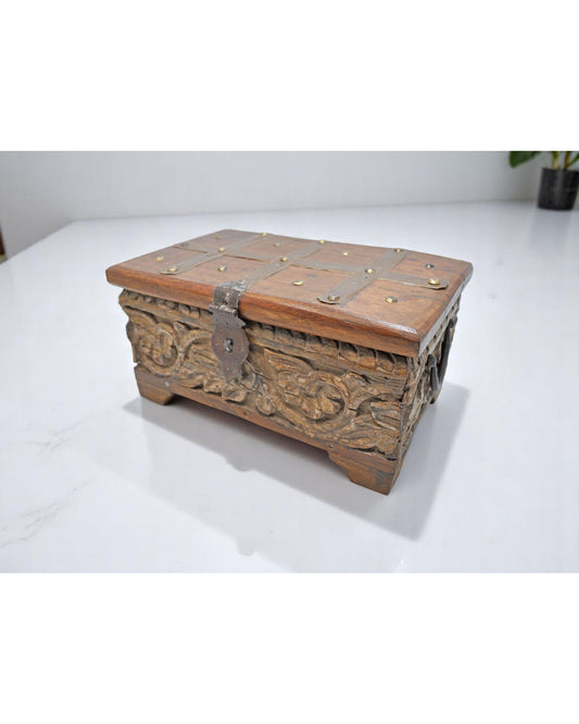 Antique Wooden Storage Chest Box Original Old Fine Hand Carved Metal Fitted