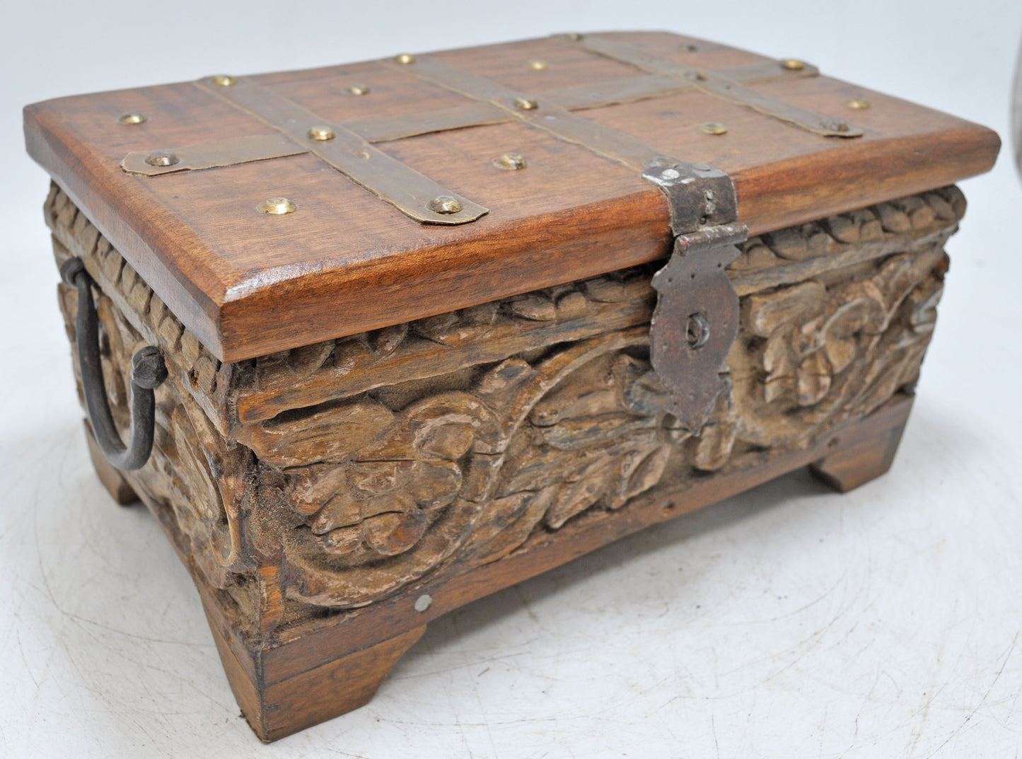 Antique Wooden Storage Chest Box Original Old Fine Hand Carved Metal Fitted