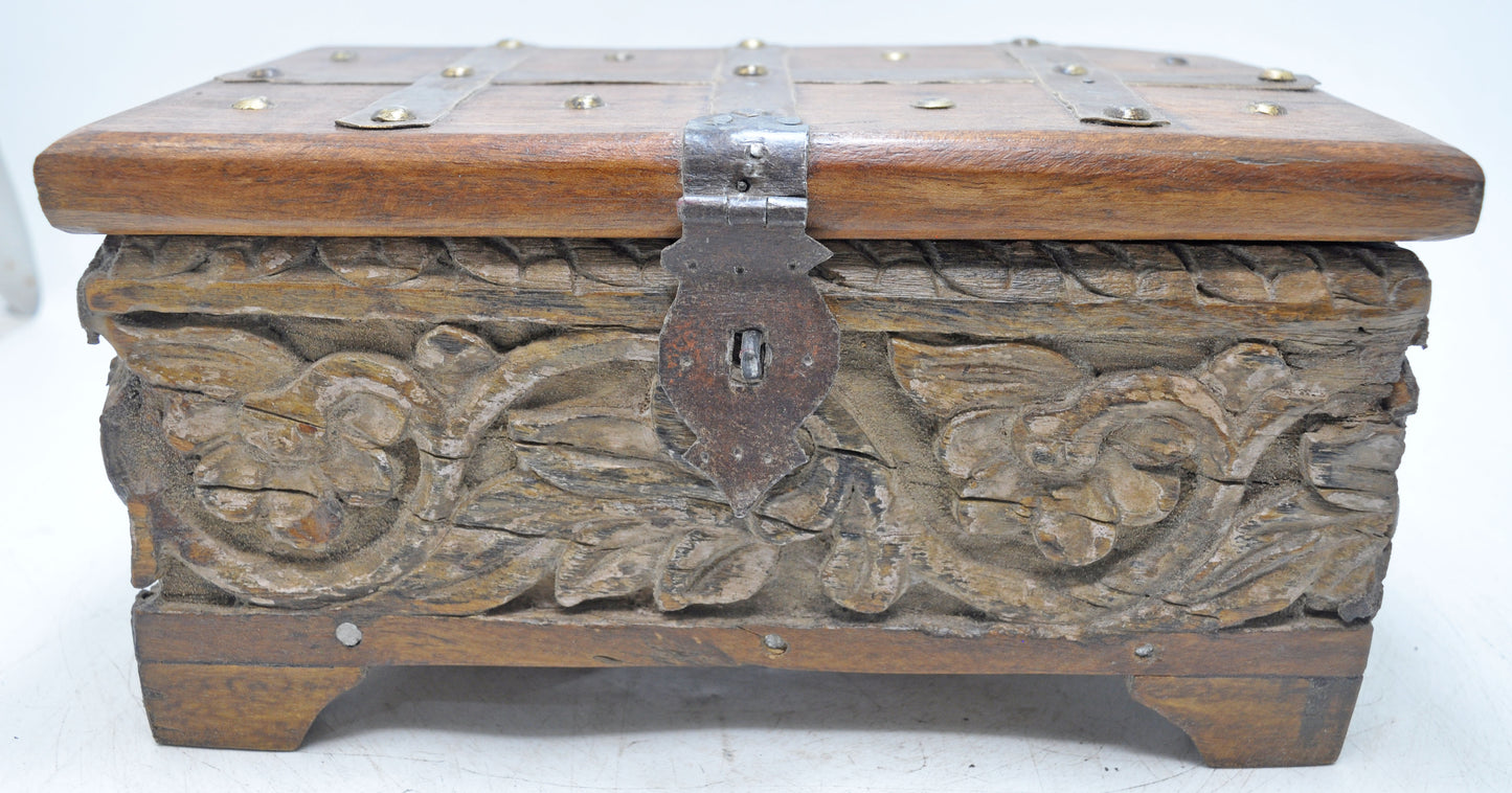 Antique Wooden Storage Chest Box Original Old Fine Hand Carved Metal Fitted