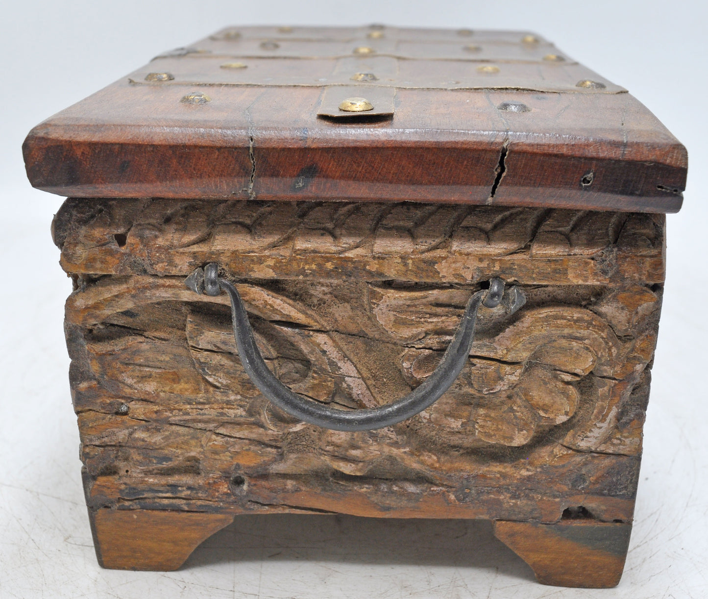 Antique Wooden Storage Chest Box Original Old Fine Hand Carved Metal Fitted