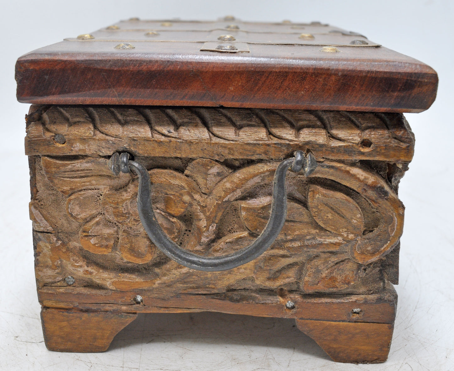 Antique Wooden Storage Chest Box Original Old Fine Hand Carved Metal Fitted