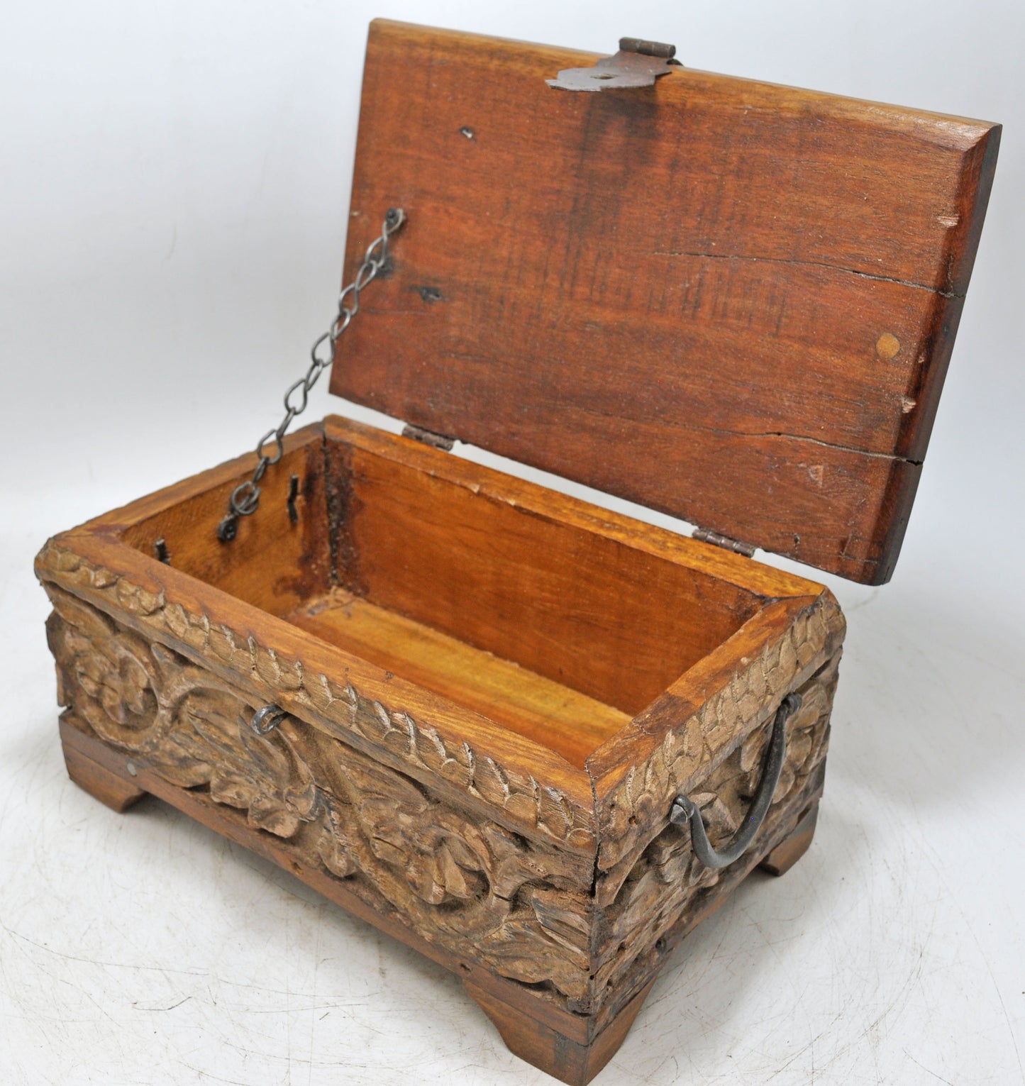 Antique Wooden Storage Chest Box Original Old Fine Hand Carved Metal Fitted