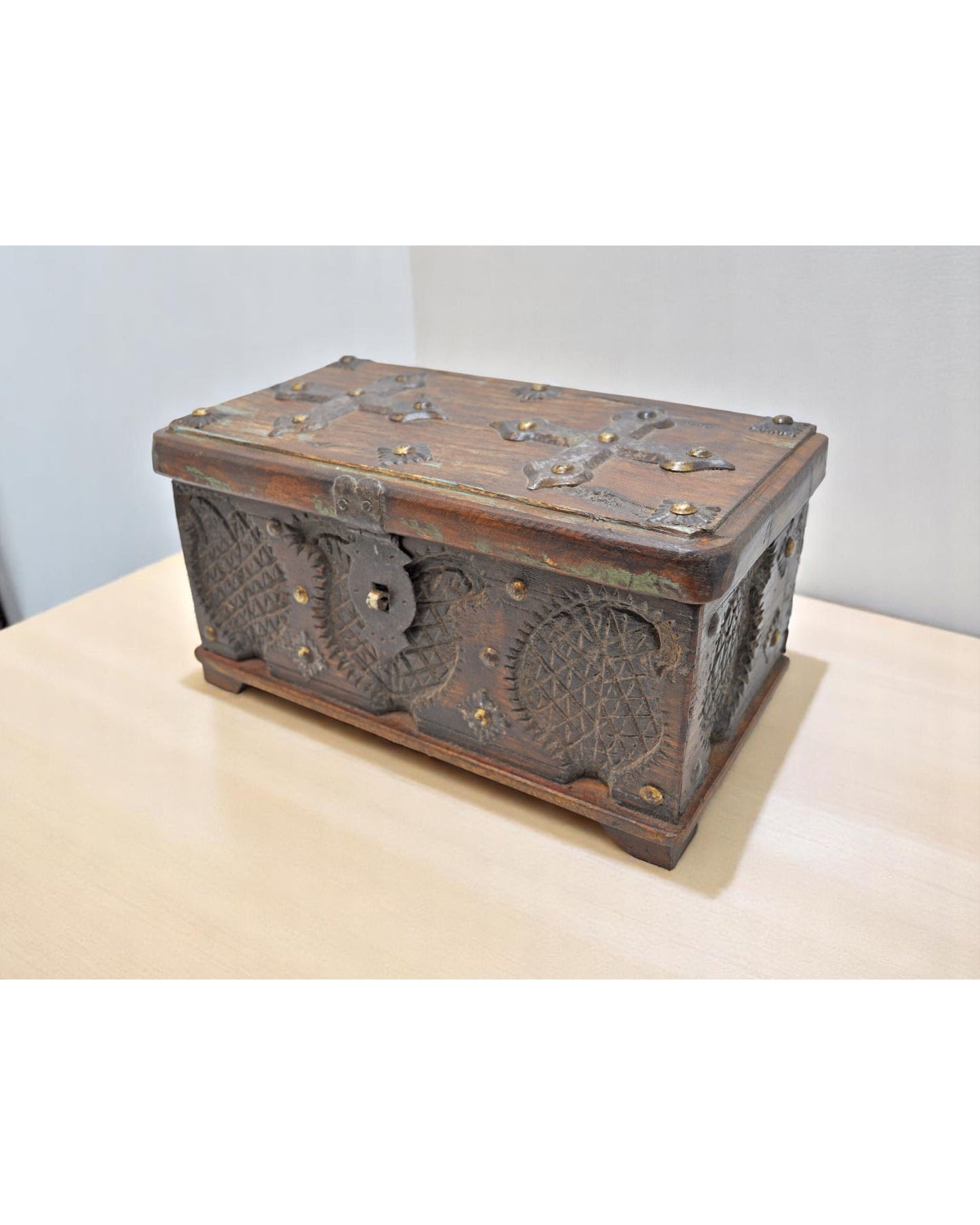 Antique Wooden Storage Chest Box Original Old Fine Hand Carved Metal Fitted