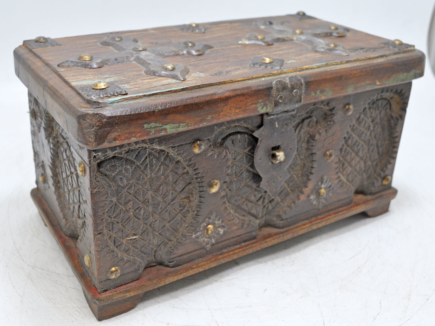 Antique Wooden Storage Chest Box Original Old Fine Hand Carved Metal Fitted