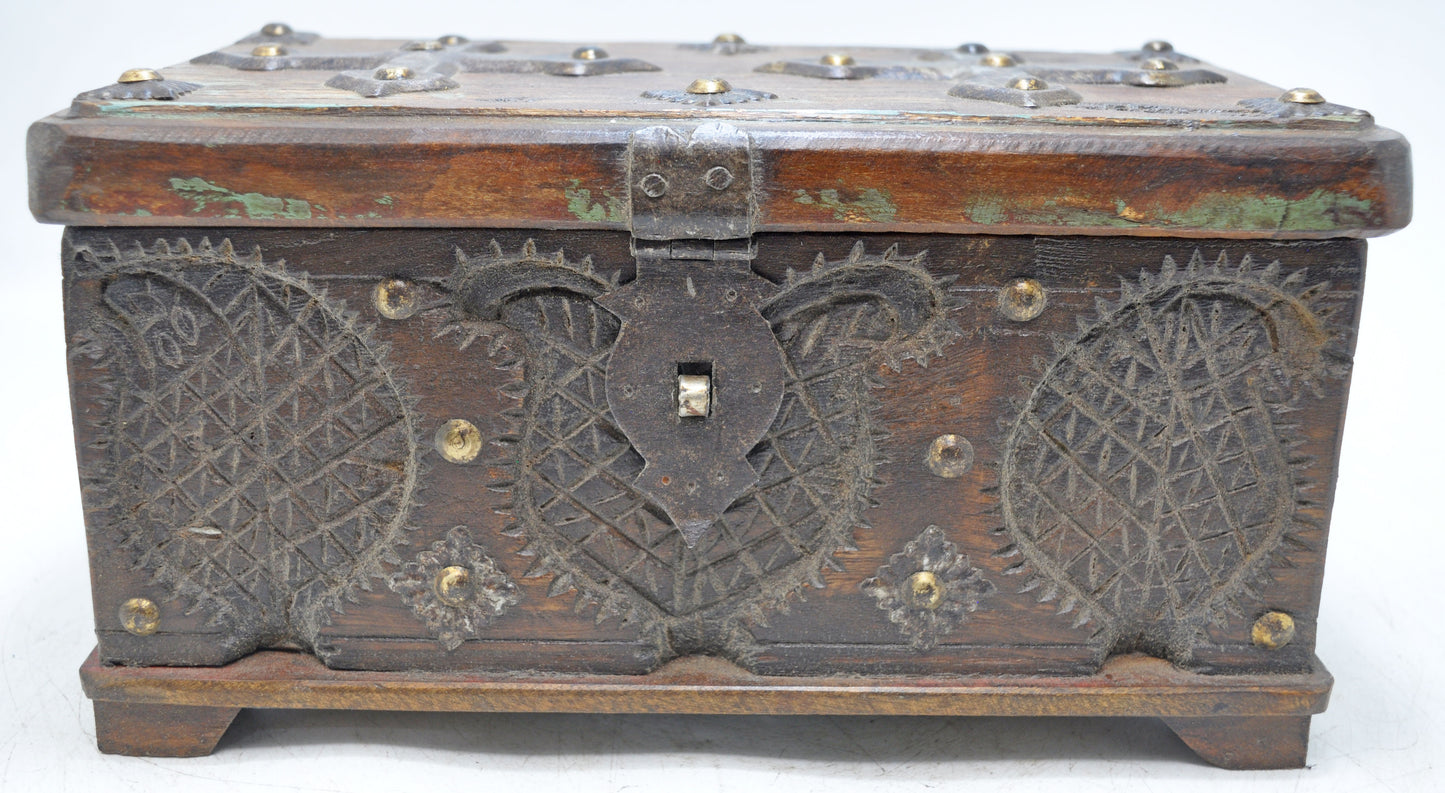 Antique Wooden Storage Chest Box Original Old Fine Hand Carved Metal Fitted