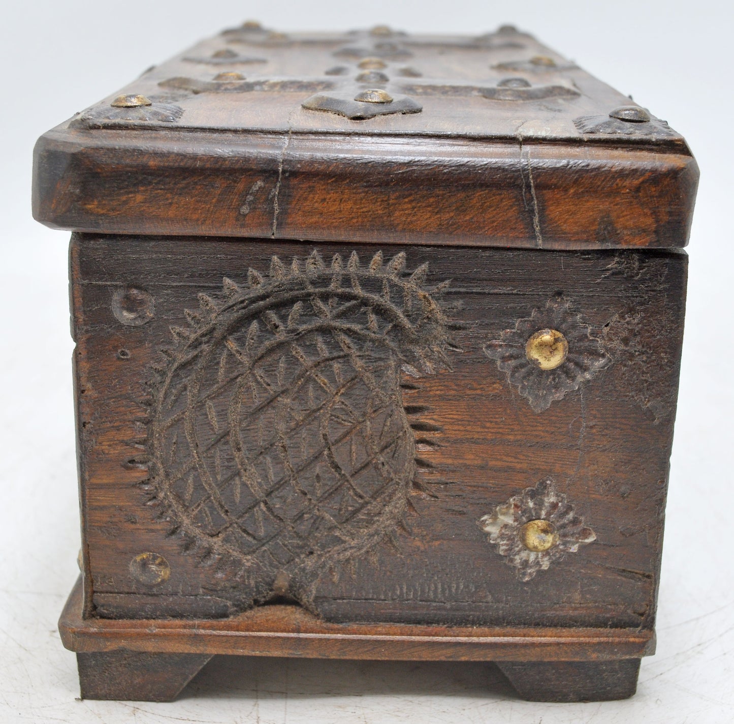 Antique Wooden Storage Chest Box Original Old Fine Hand Carved Metal Fitted