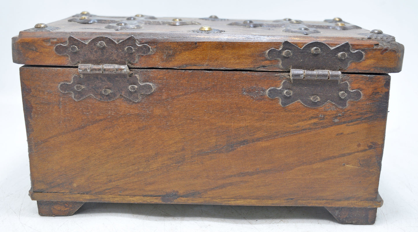 Antique Wooden Storage Chest Box Original Old Fine Hand Carved Metal Fitted