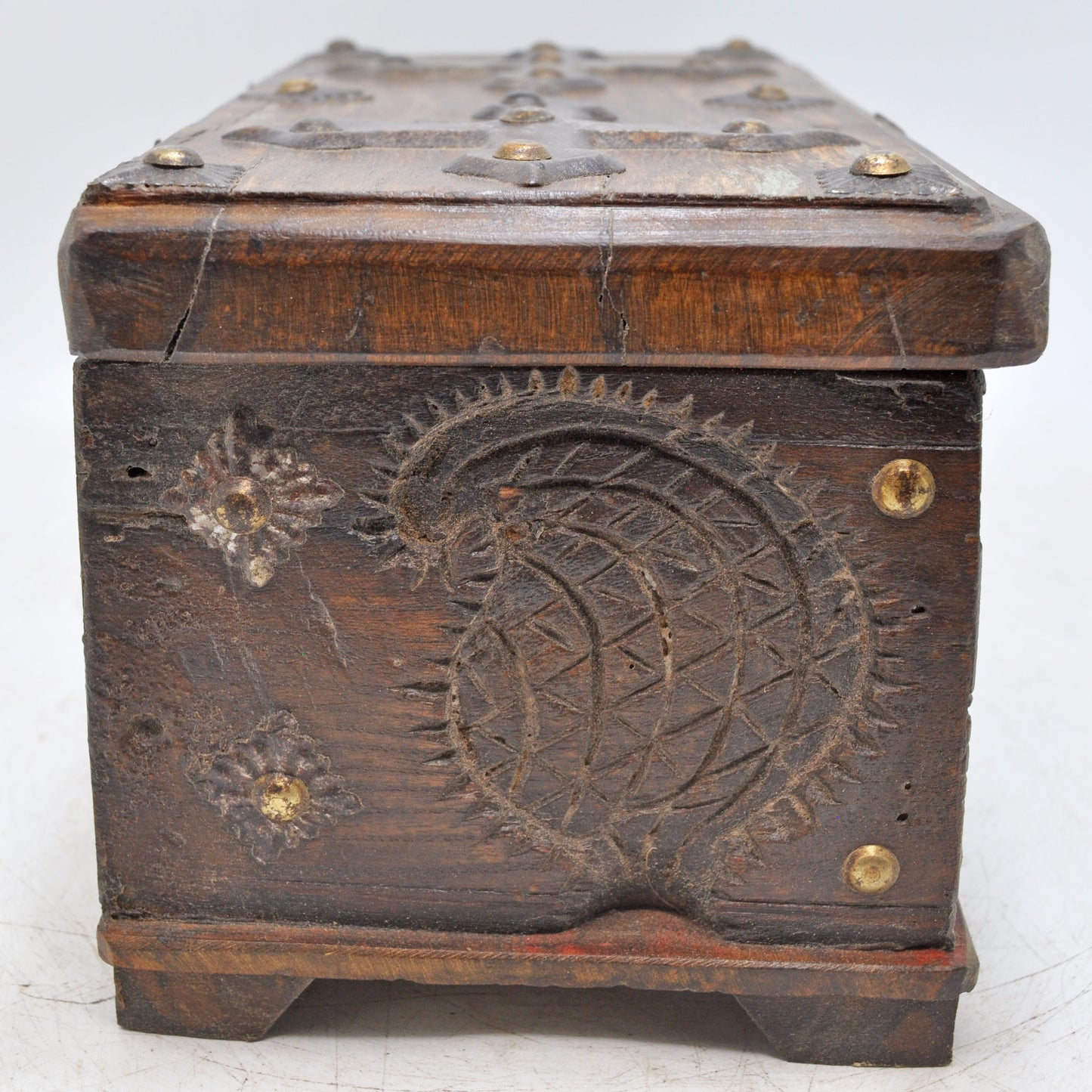 Antique Wooden Storage Chest Box Original Old Fine Hand Carved Metal Fitted