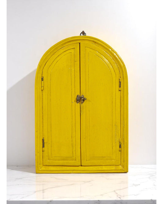 Hand Crafted Wooden Arch Shaped Wall Décor Window Frame Mirror Bright Yellow