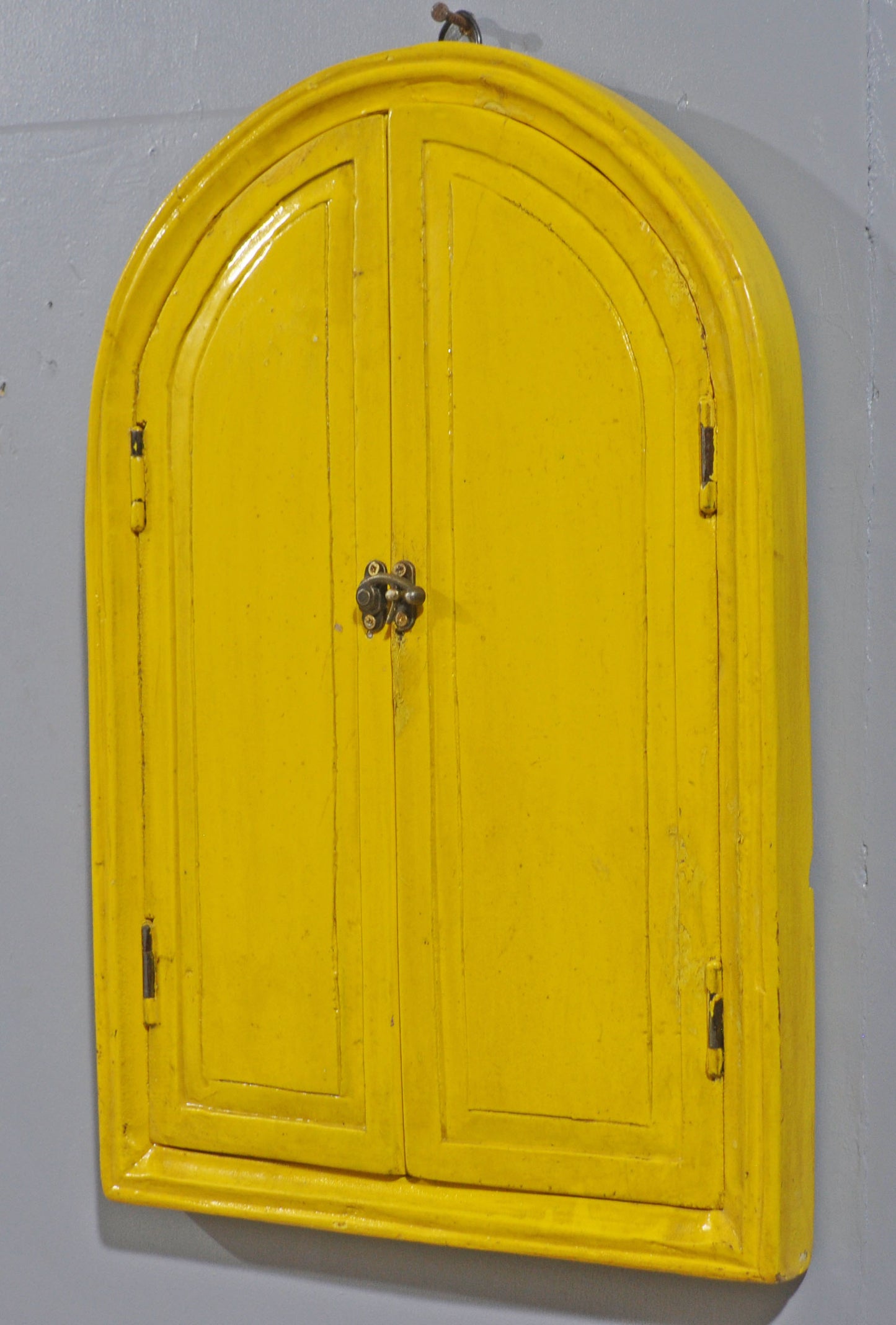 Hand Crafted Wooden Arch Shaped Wall Décor Window Frame Mirror Bright Yellow