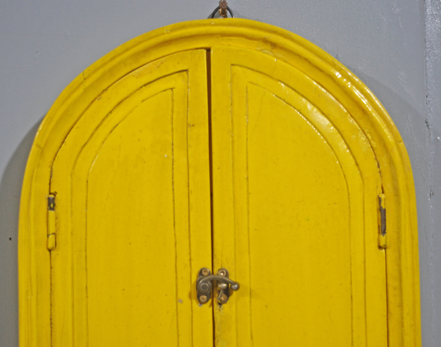 Hand Crafted Wooden Arch Shaped Wall Décor Window Frame Mirror Bright Yellow