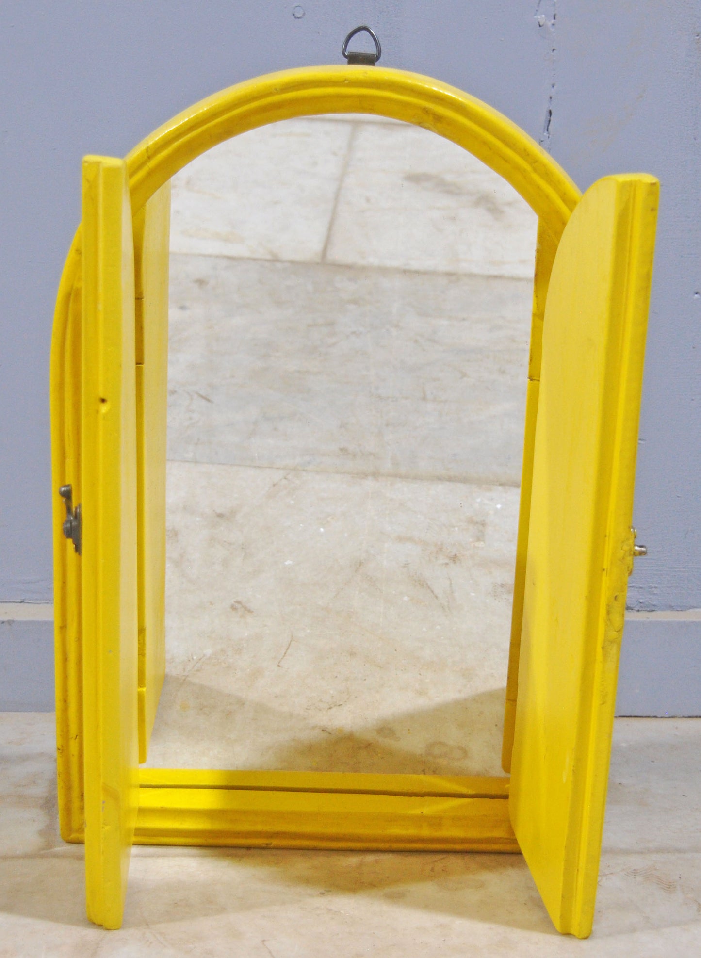 Hand Crafted Wooden Arch Shaped Wall Décor Window Frame Mirror Bright Yellow