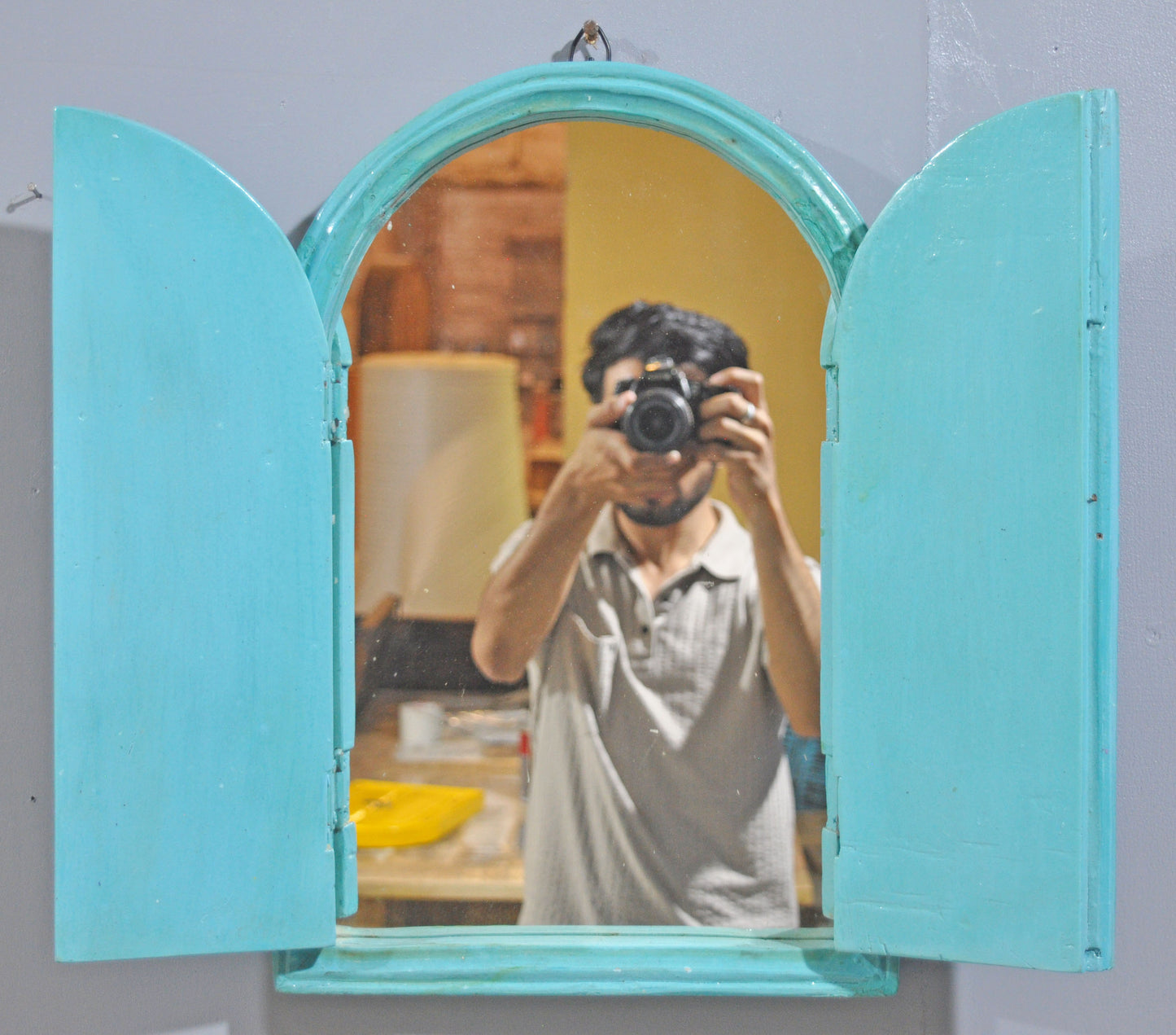 Hand Crafted Wooden Arch Shaped Wall Décor Window Frame Mirror Bright Blue