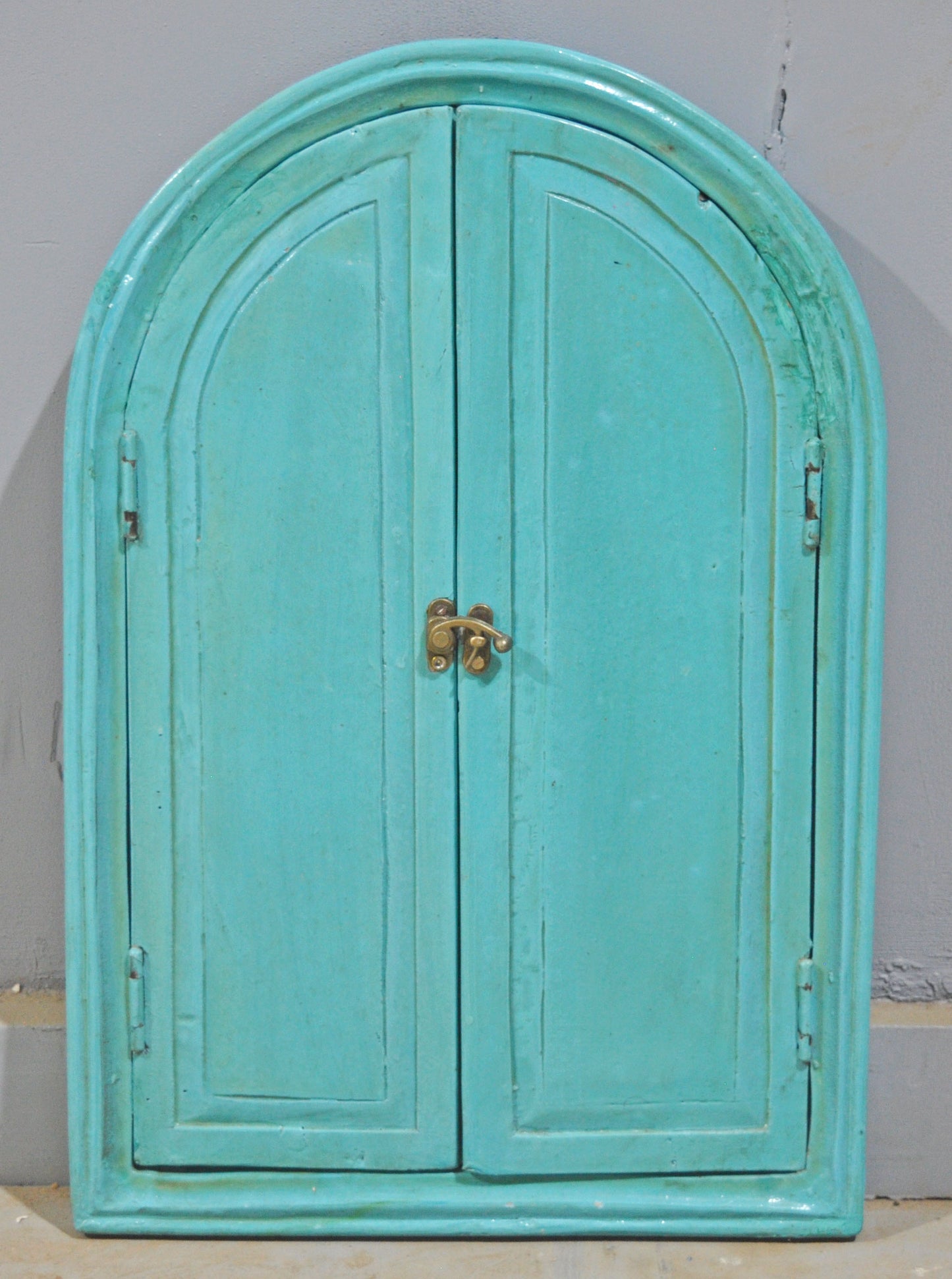 Hand Crafted Wooden Arch Shaped Wall Décor Window Frame Mirror Bright Blue