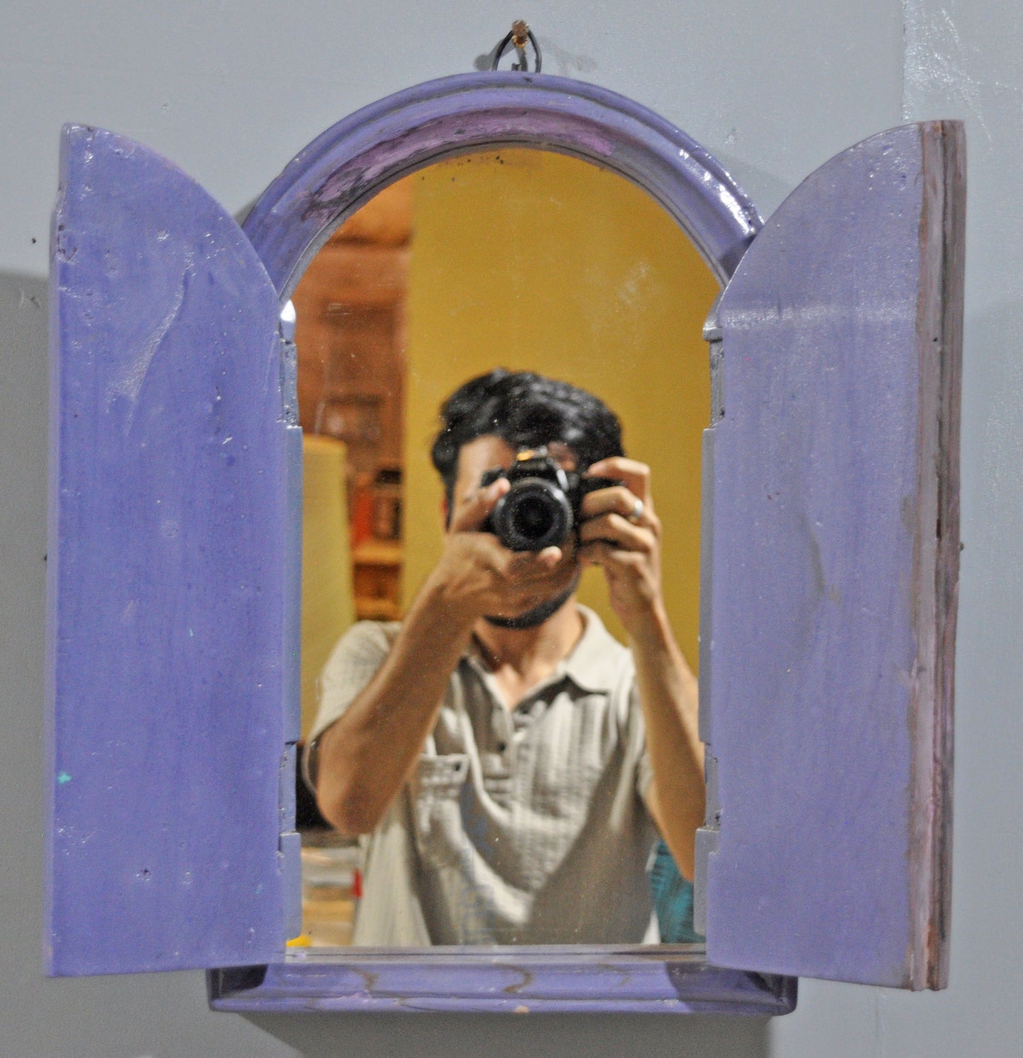 Hand Crafted Wooden Arch Shaped Wall Décor Window Frame Mirror Bright Purple