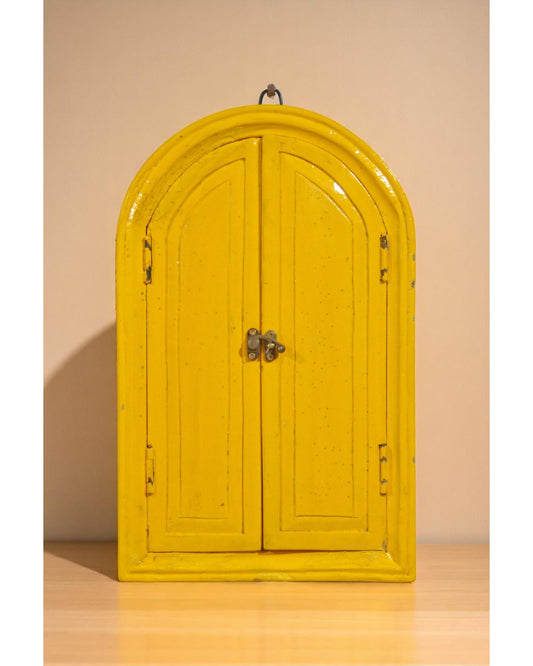 Hand Crafted Wooden Arch Shaped Wall Décor Window Frame Mirror Bright Yellow