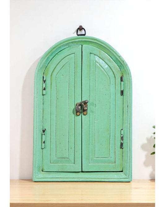 Hand Crafted Wooden Arch Shaped Wall Décor Window Frame Mirror Bright Teal