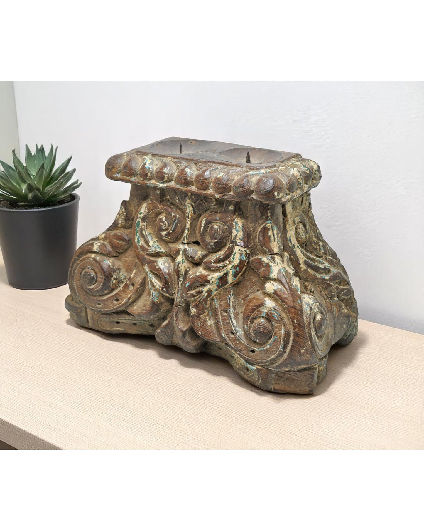 Antique Wooden Half Pillar Column Base Candle Holder Original Old Fine Hand Carved