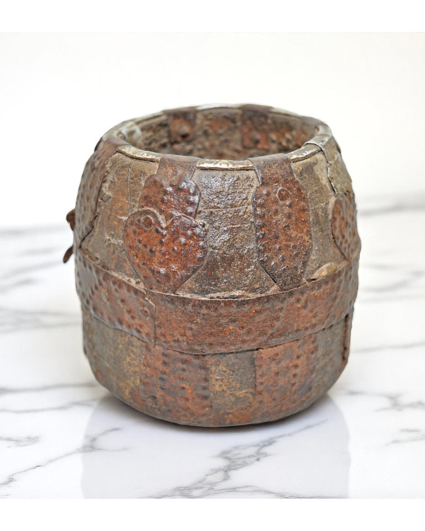 Antique Wooden Early Measuring Pot Paili Original Old Hand Carved Metal Fitted