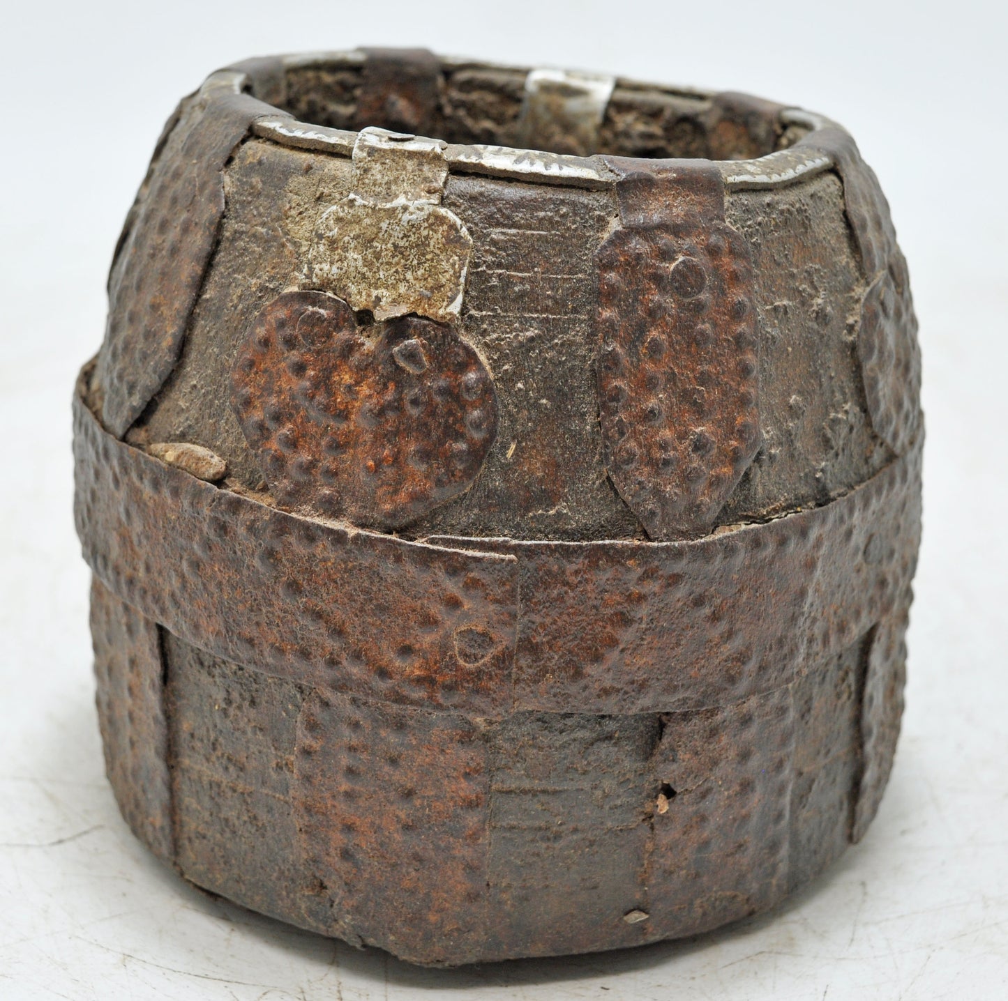 Antique Wooden Early Measuring Pot Paili Original Old Hand Carved Metal Fitted