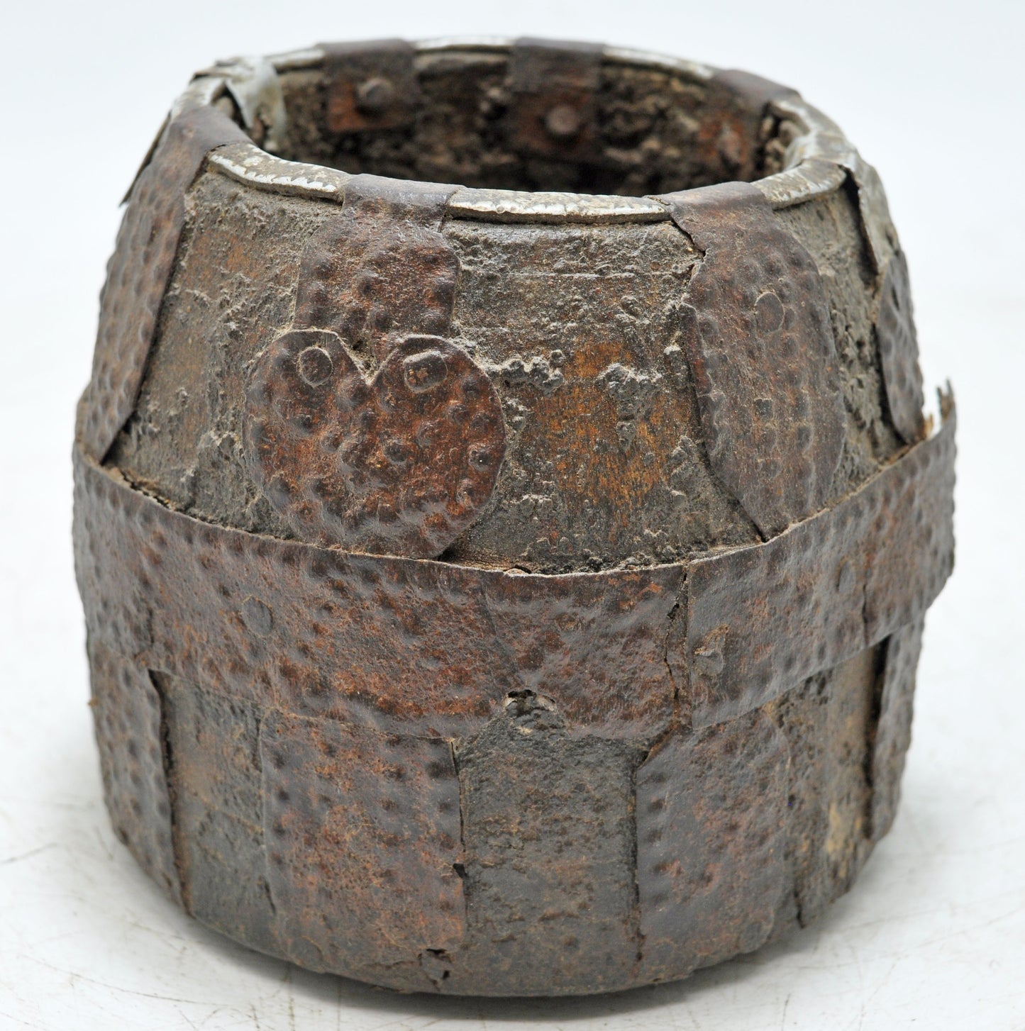 Antique Wooden Early Measuring Pot Paili Original Old Hand Carved Metal Fitted