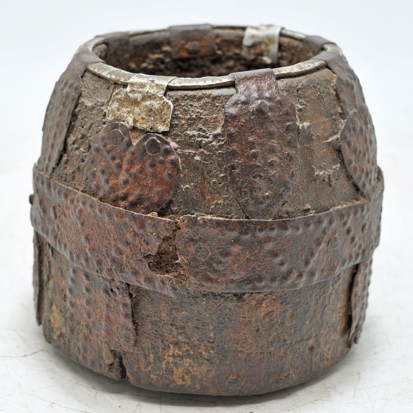 Antique Wooden Early Measuring Pot Paili Original Old Hand Carved Metal Fitted