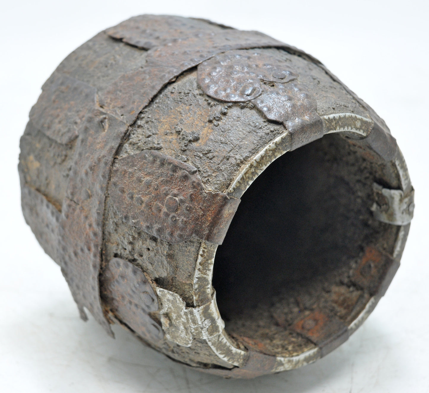 Antique Wooden Early Measuring Pot Paili Original Old Hand Carved Metal Fitted