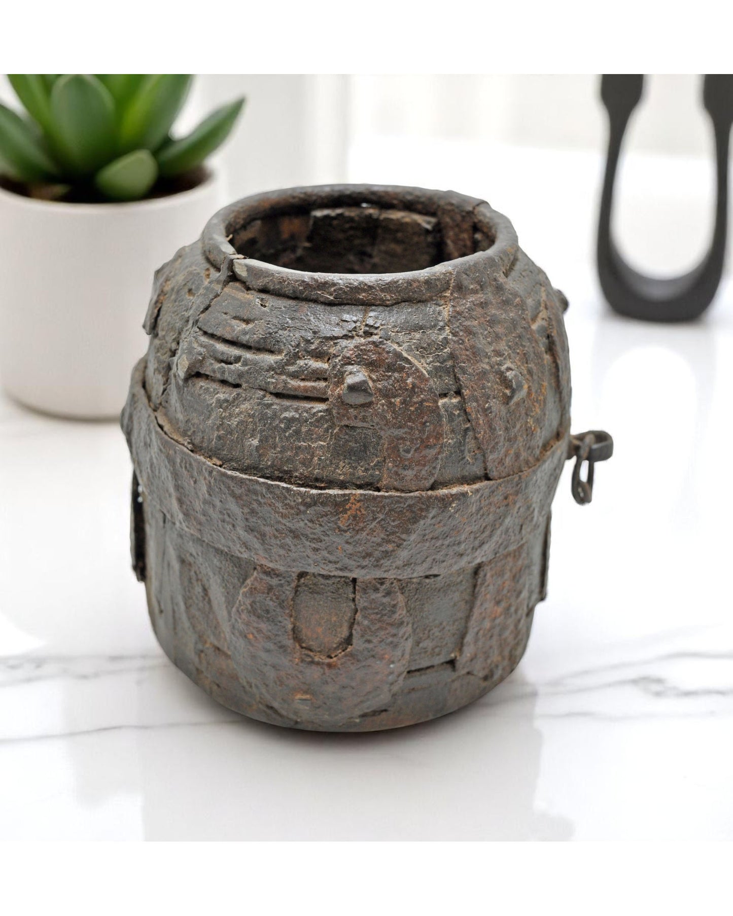 Antique Wooden Early Measuring Pot Paili Original Old Hand Carved Metal Fitted