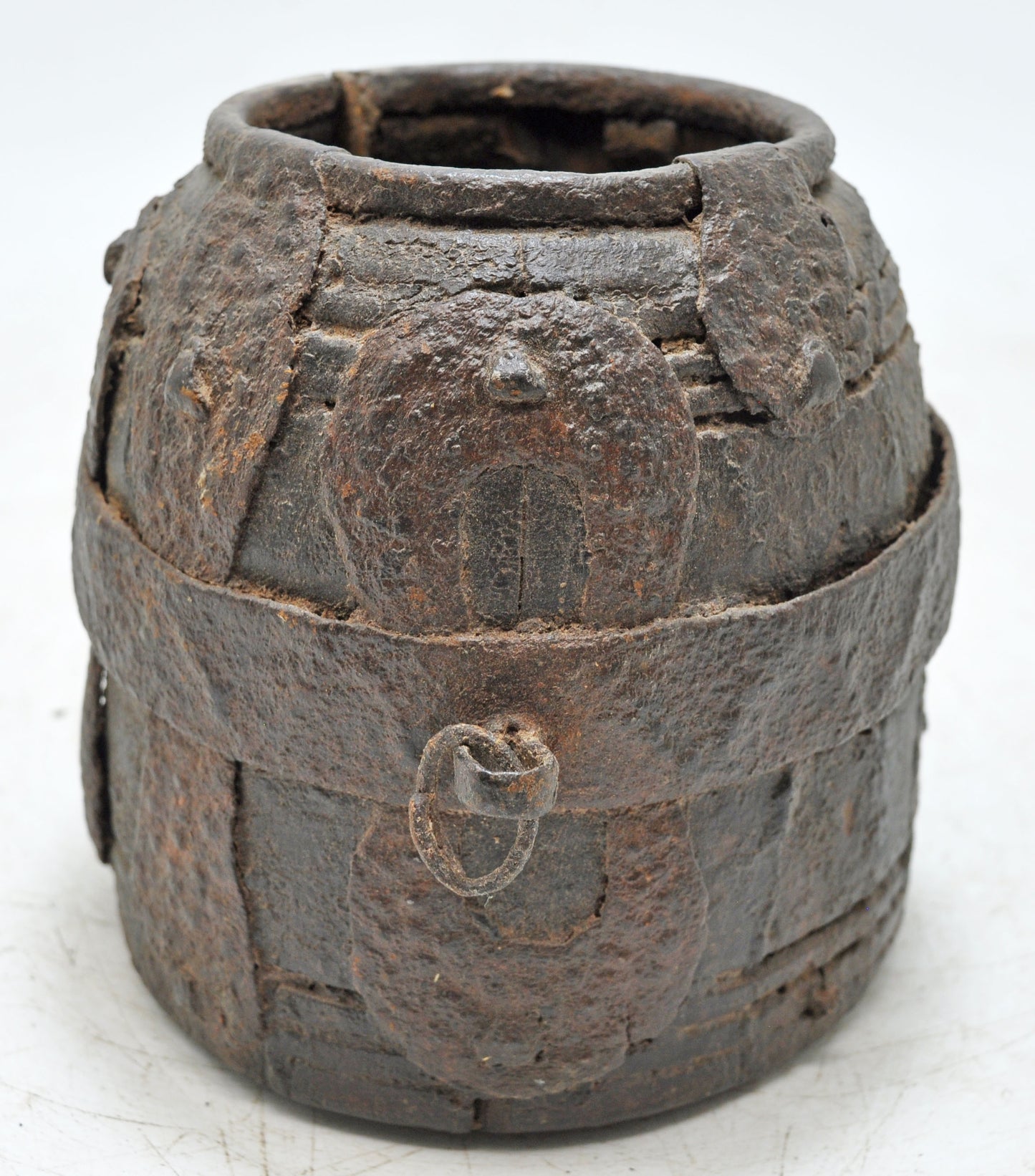 Antique Wooden Early Measuring Pot Paili Original Old Hand Carved Metal Fitted