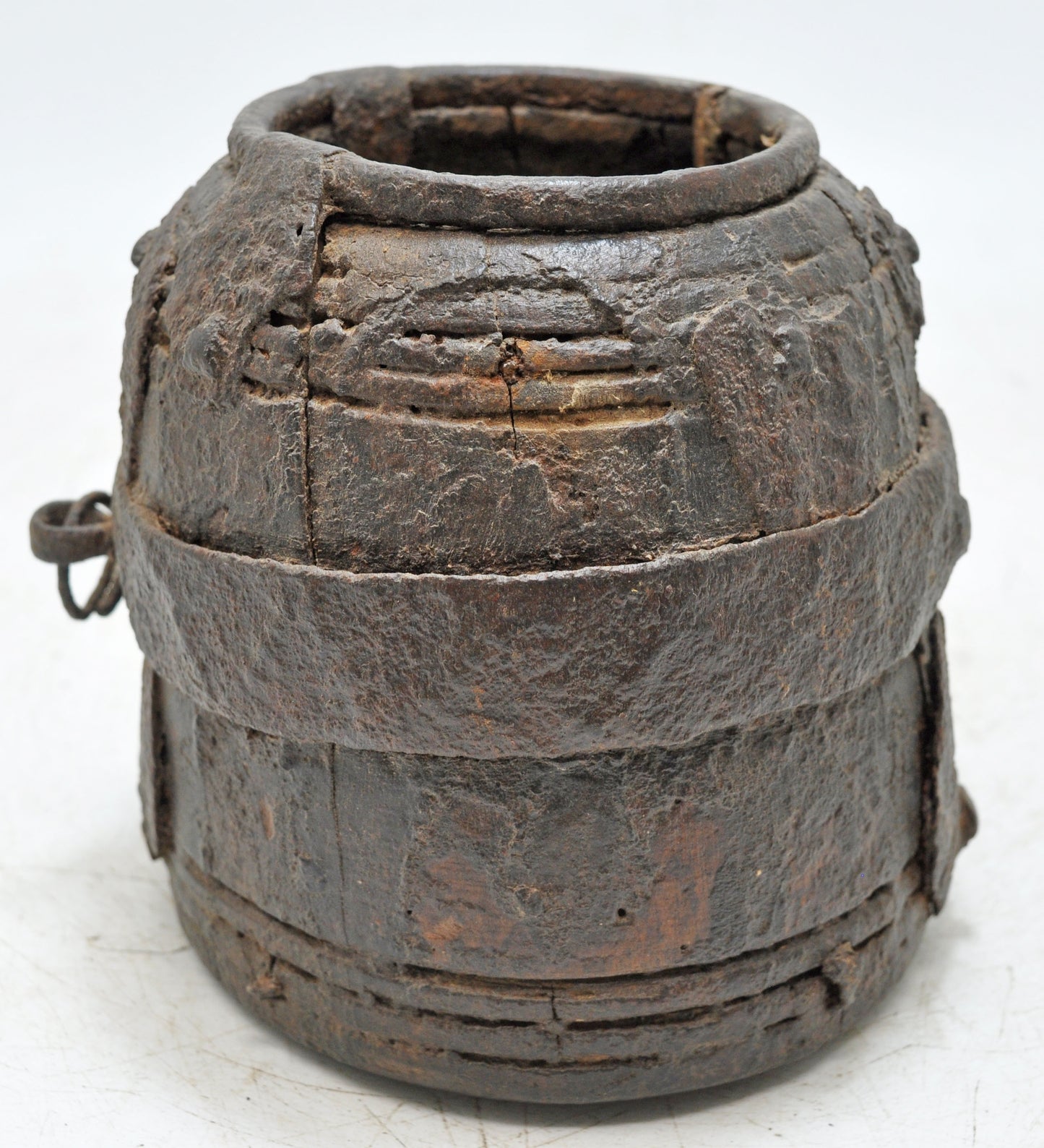 Antique Wooden Early Measuring Pot Paili Original Old Hand Carved Metal Fitted