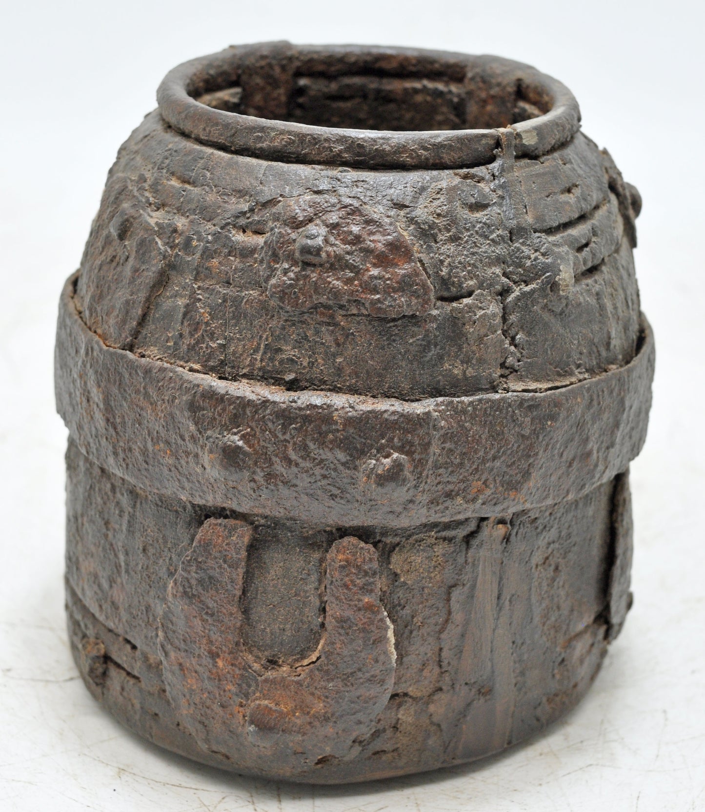 Antique Wooden Early Measuring Pot Paili Original Old Hand Carved Metal Fitted