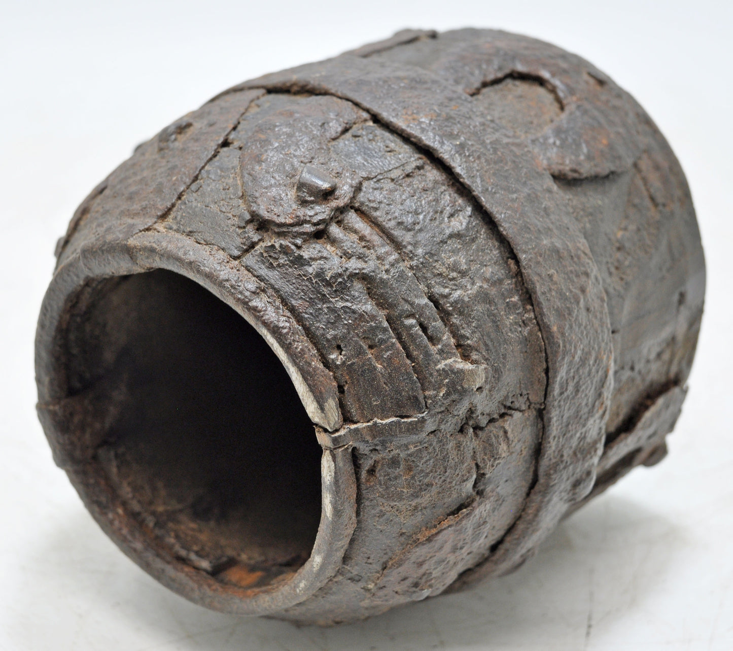 Antique Wooden Early Measuring Pot Paili Original Old Hand Carved Metal Fitted