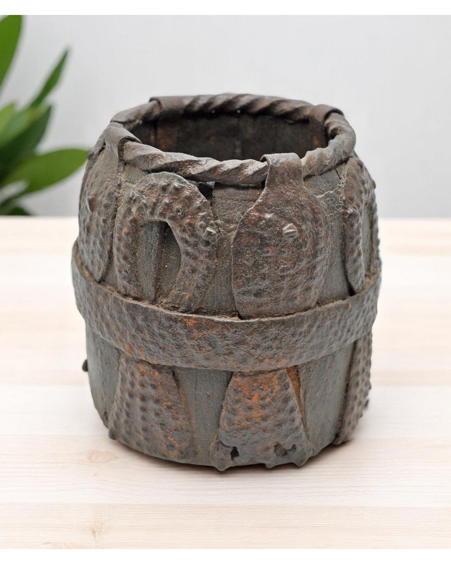 Antique Wooden Early Measuring Pot Paili Original Old Hand Carved Metal Fitted