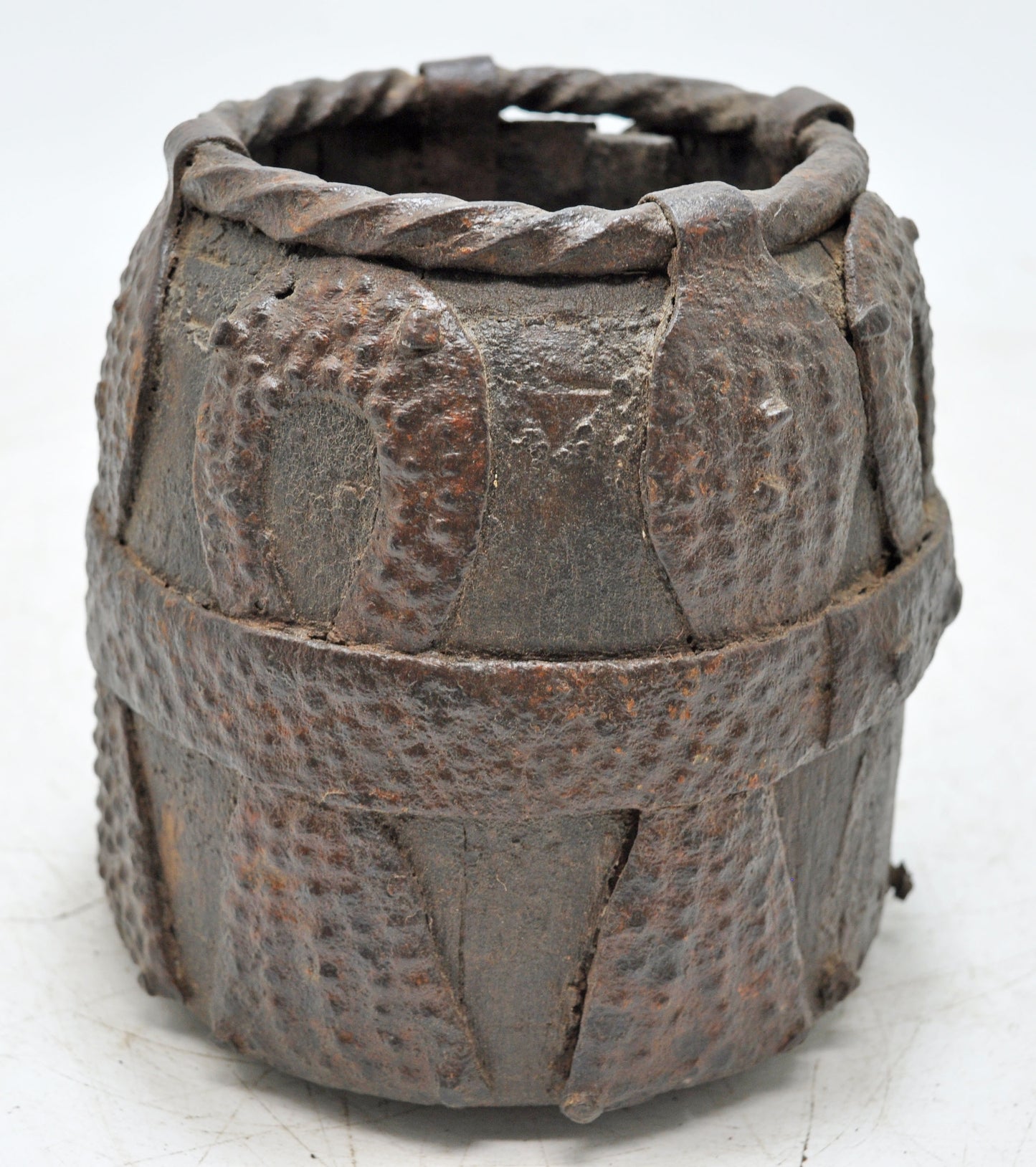 Antique Wooden Early Measuring Pot Paili Original Old Hand Carved Metal Fitted