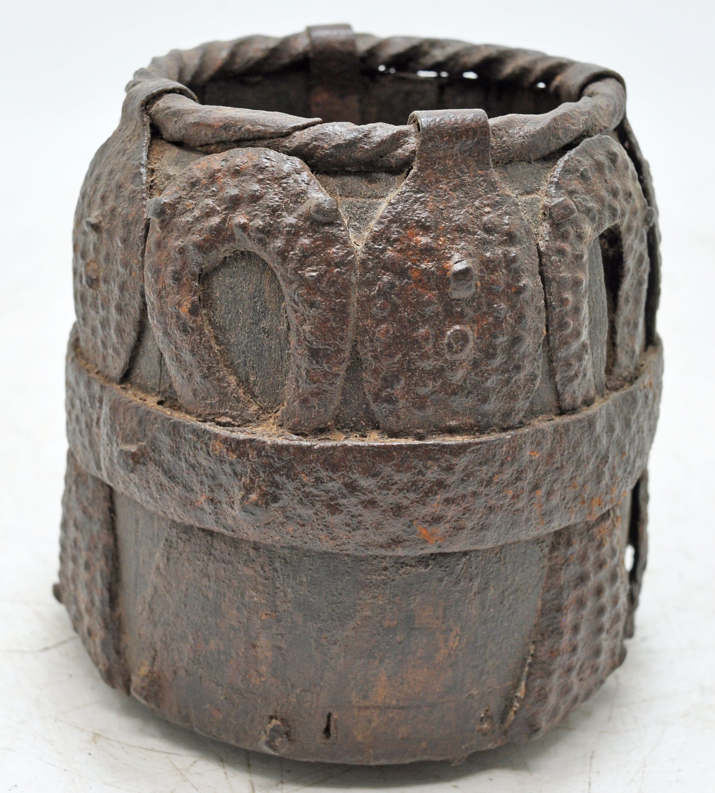 Antique Wooden Early Measuring Pot Paili Original Old Hand Carved Metal Fitted