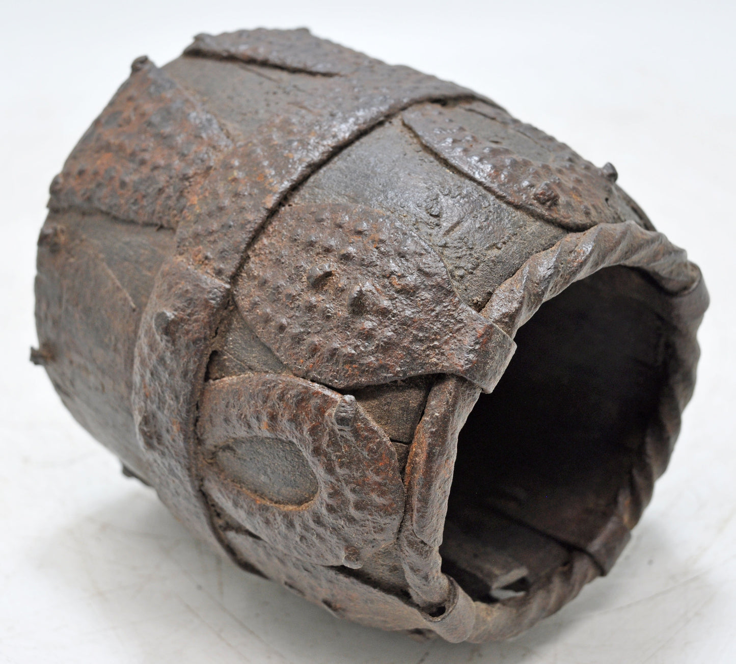 Antique Wooden Early Measuring Pot Paili Original Old Hand Carved Metal Fitted