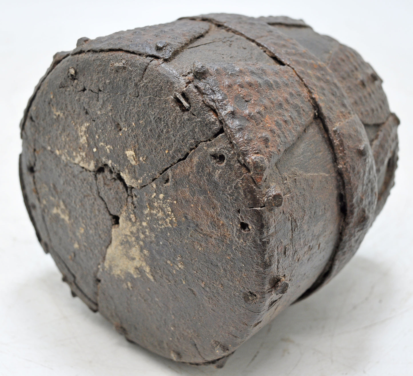 Antique Wooden Early Measuring Pot Paili Original Old Hand Carved Metal Fitted