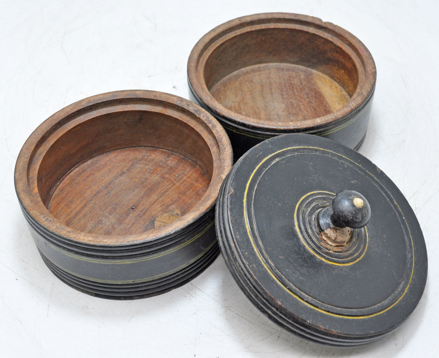Vintage Wooden 2 Tier Round Food Box Original Old Hand Crafted Glossy Painted