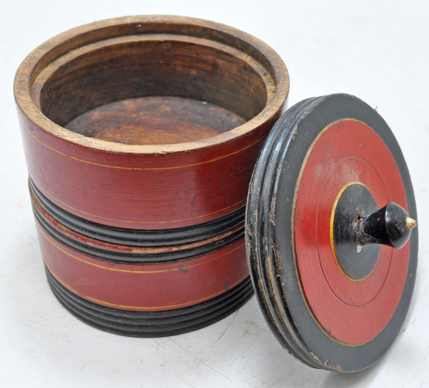 Vintage Wooden 2 Tier Round Food Box Original Old Hand Crafted Glossy Painted