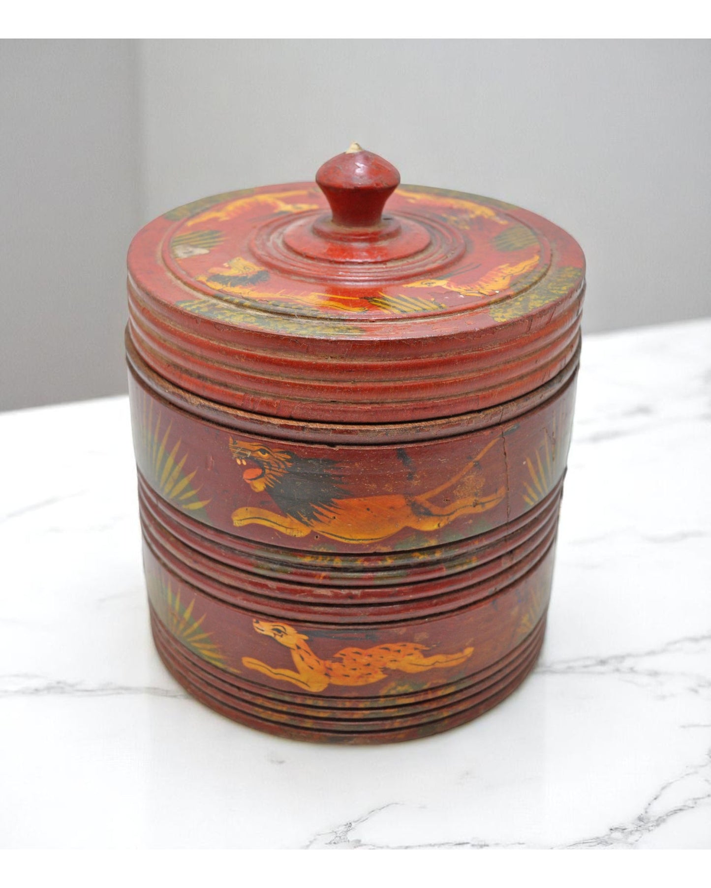 Vintage Wooden 2 Tier Round Food Box Original Old Hand Crafted Glossy Painted