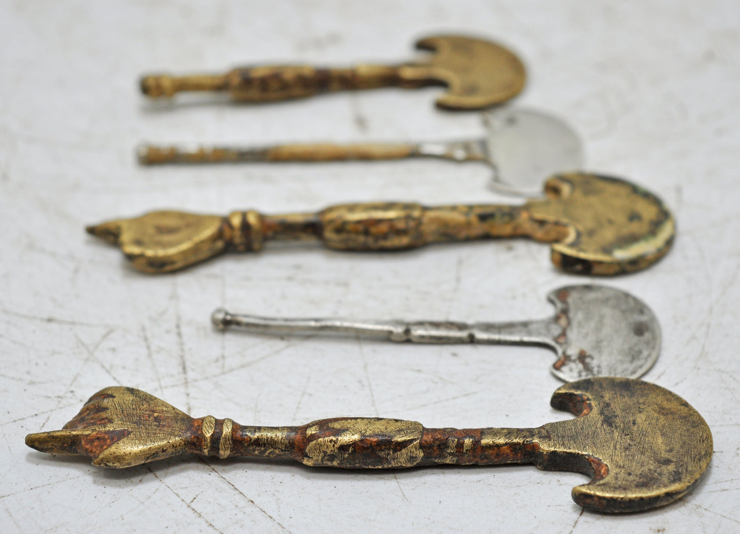 Antique Brass Lot of 5 Betel Paan Making Fllat Spoons Hand Crafted Engraved