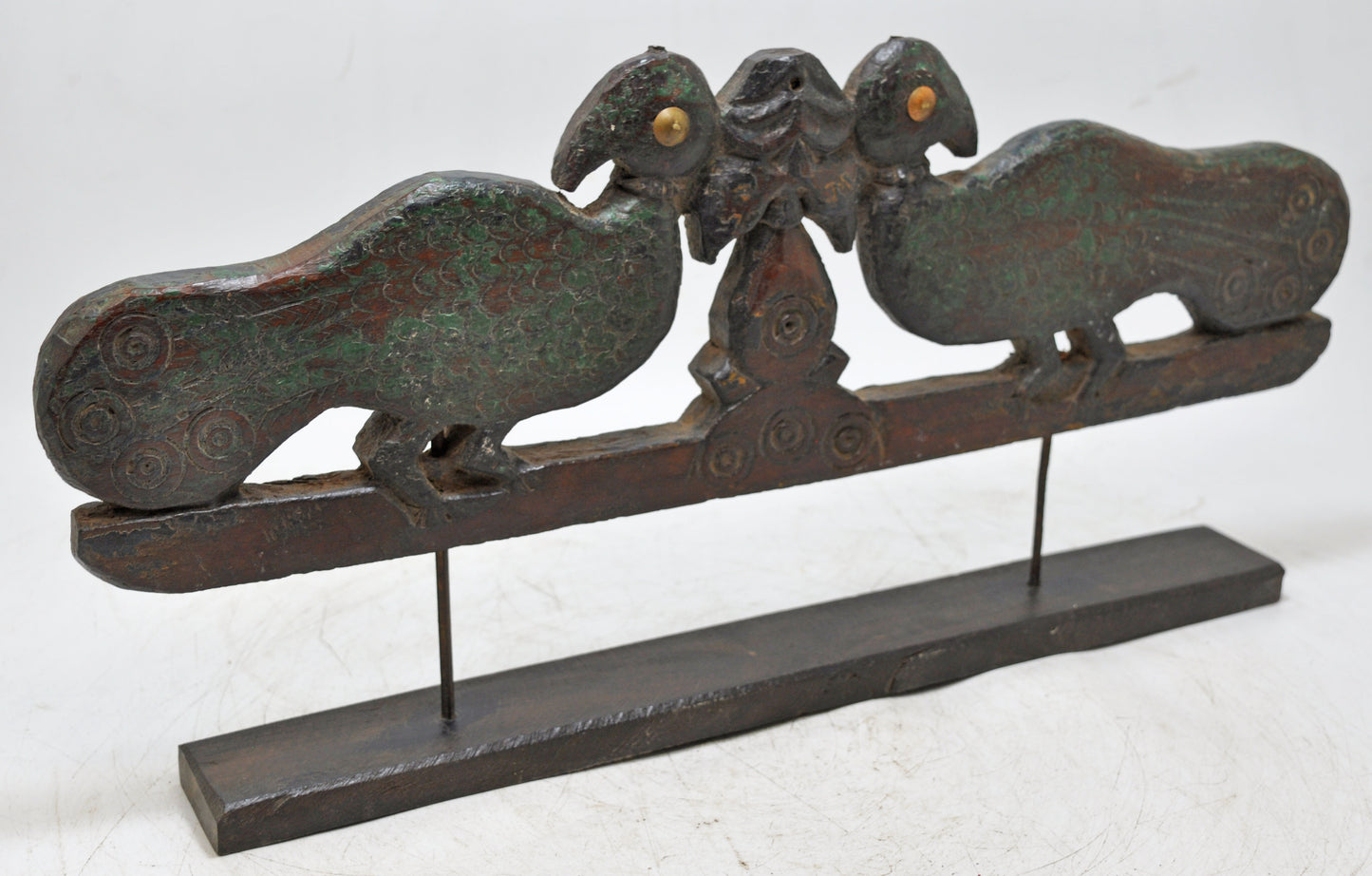Antique Wooden 2 Peacock Carving Panel on Stand Original Old Hand Carved