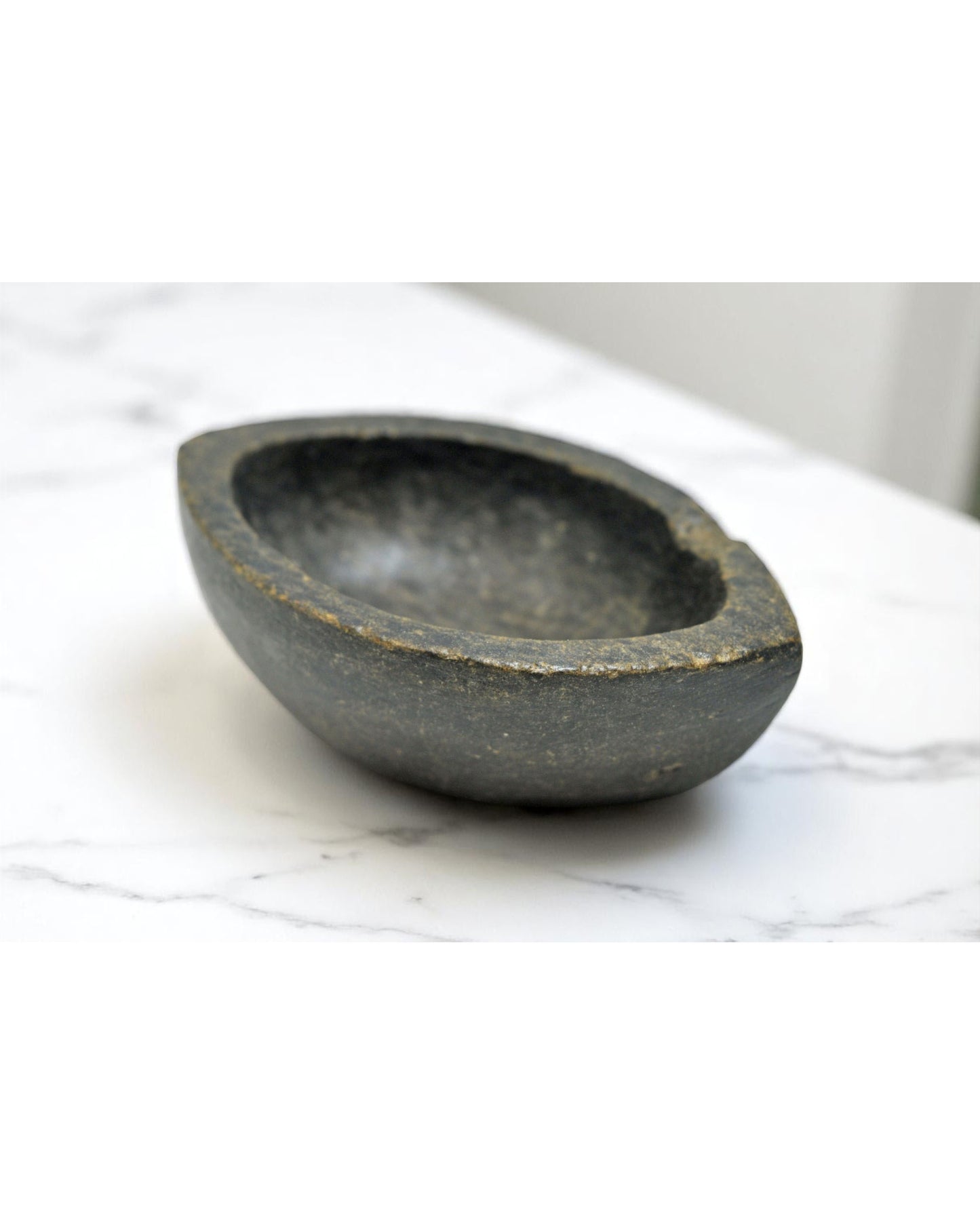 Antique Black Stone Oval Kharal Bowl Original Old Hand Carved