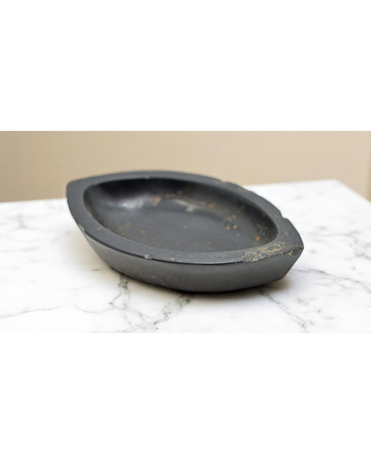 Antique Black Stone Oval Kharal Bowl Original Old Hand Carved