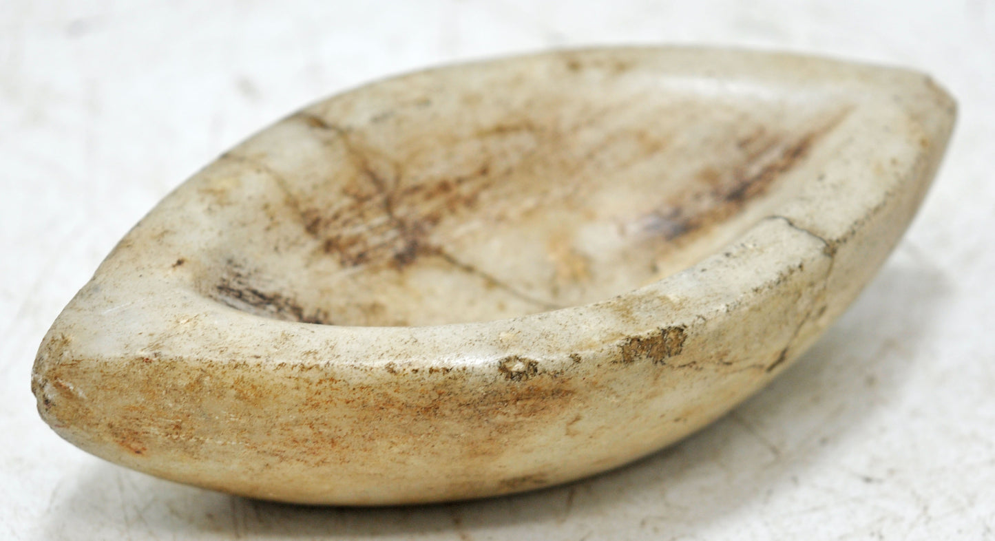 Antique White Marble Oval Kharal Bowl Original Old Hand Carved