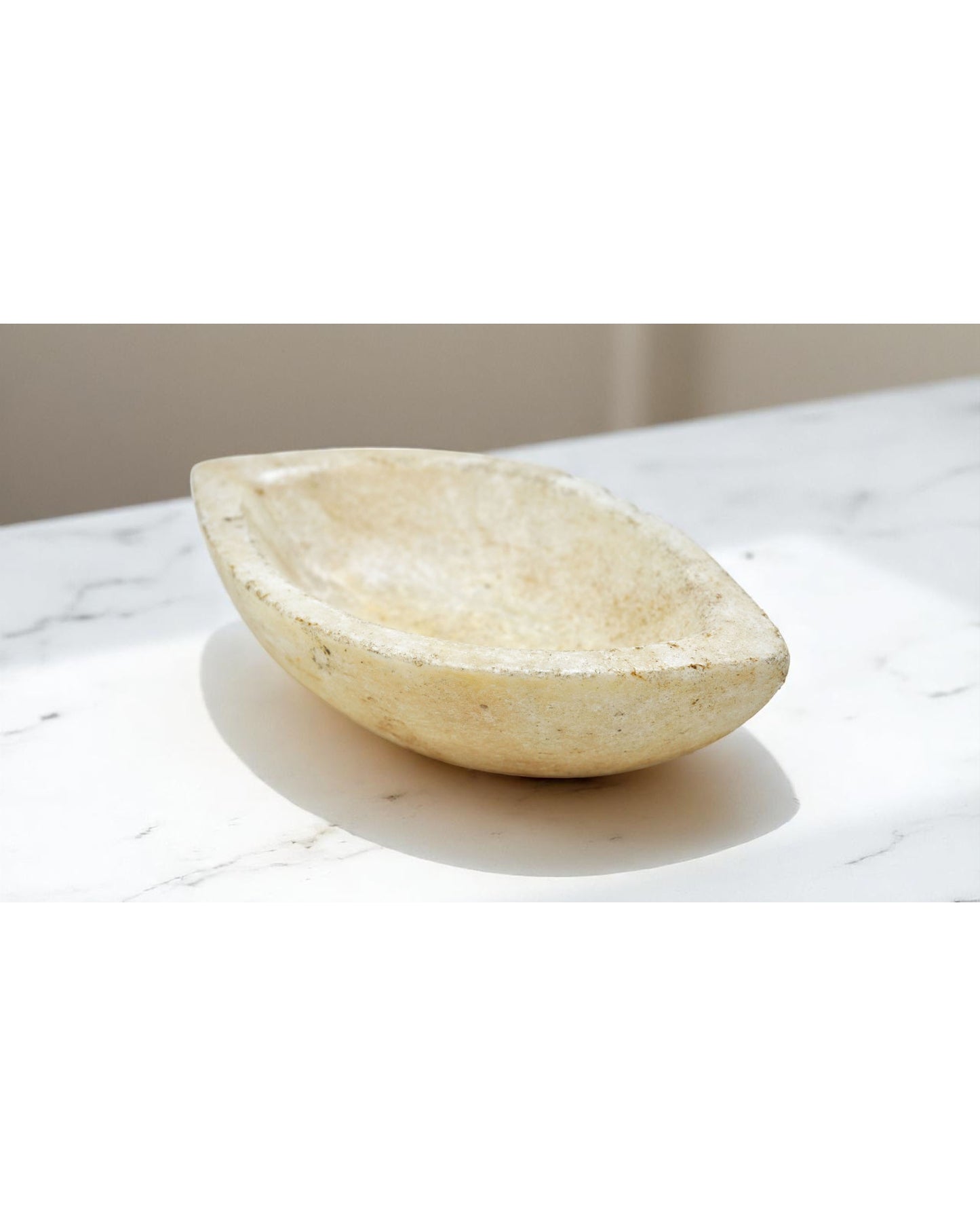 Antique White Marble Oval Kharal Bowl Original Old Hand Carved