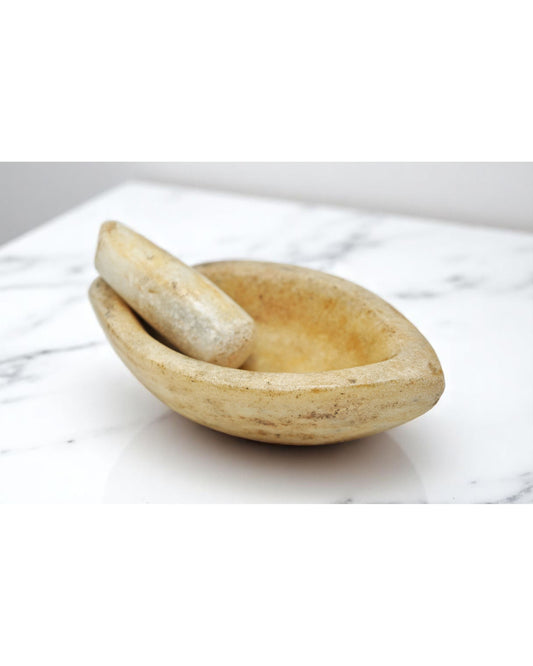 Antique White Marble Oval Spice Grinding Bowl Original Old Hand Carved