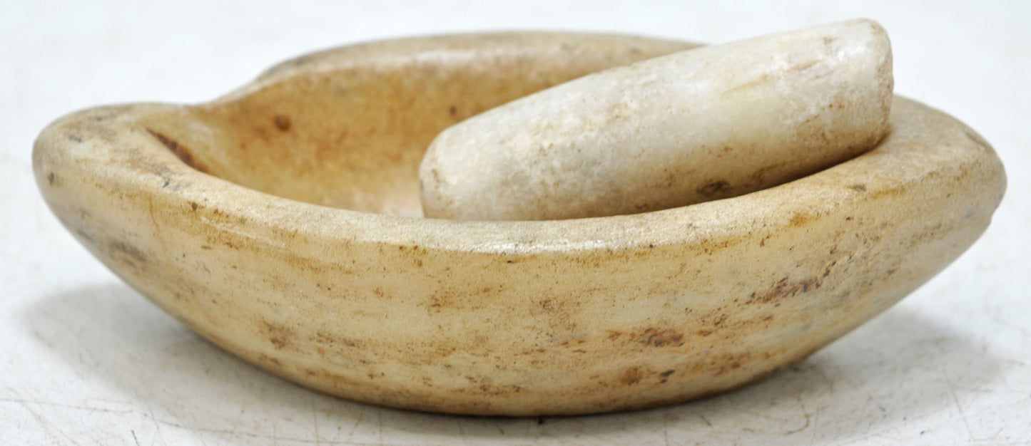 Antique White Marble Oval Spice Grinding Bowl Original Old Hand Carved